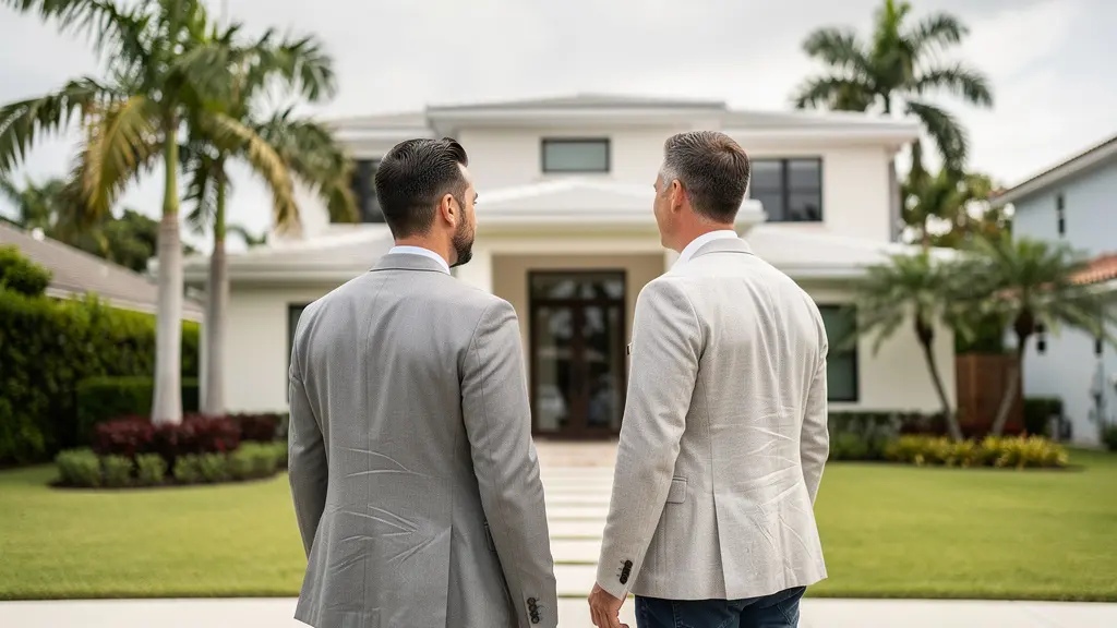 Agent immobilier et client français discutant devant une maison à visiter dans un quartier résidentiel de Miami