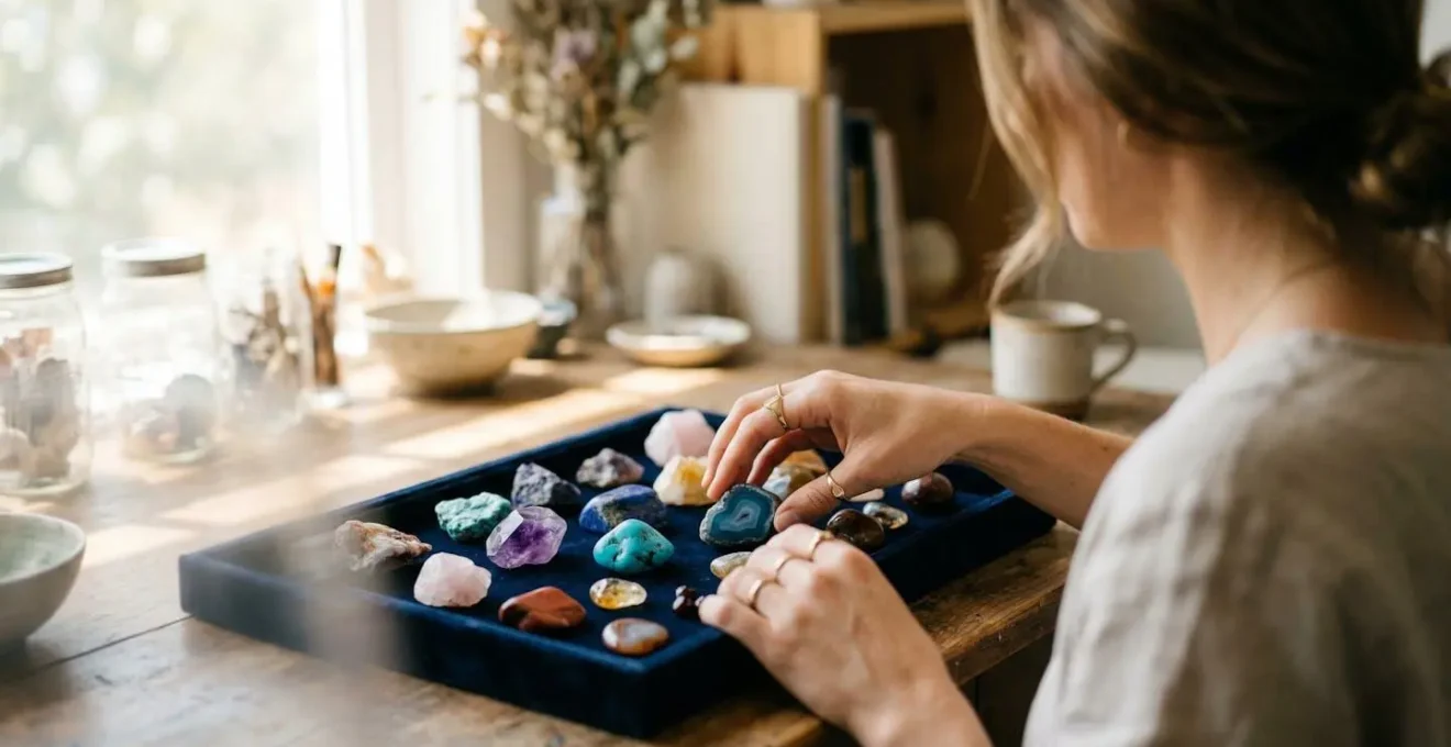 Mains d'une artisane examinant des pierres fines colorées étalées sur un plateau de velours noir dans un atelier baigné de lumière naturelle
