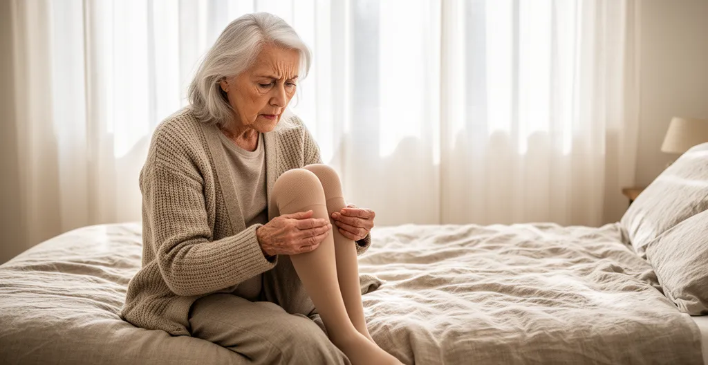 Femme senior regardant ses bas de contention avec frustration le matin