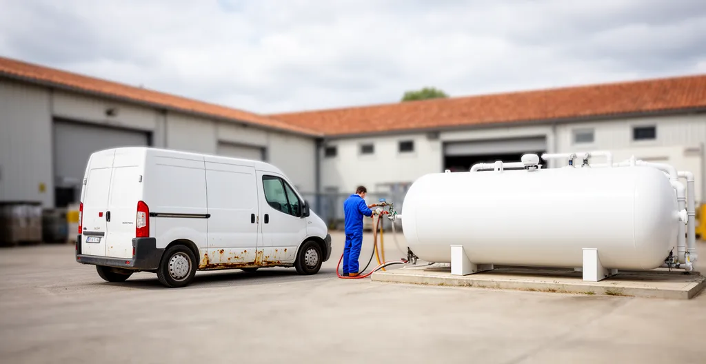 Camion-citerne effectuant une livraison de propane dans la cour d'une entreprise