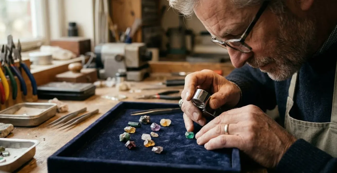 Main tenant une loupe de bijoutier au-dessus de pierres fines posées sur un coussin de velours bordeaux