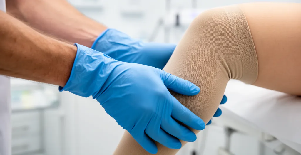 Mains portant des gants médicaux tenant un bas de contention beige