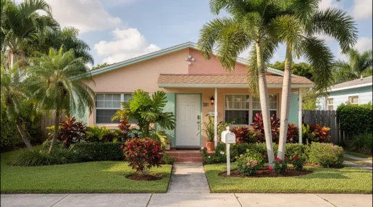 Maison individuelle style Floride avec façade pastel et palmiers dans un quartier résidentiel de North Miami
