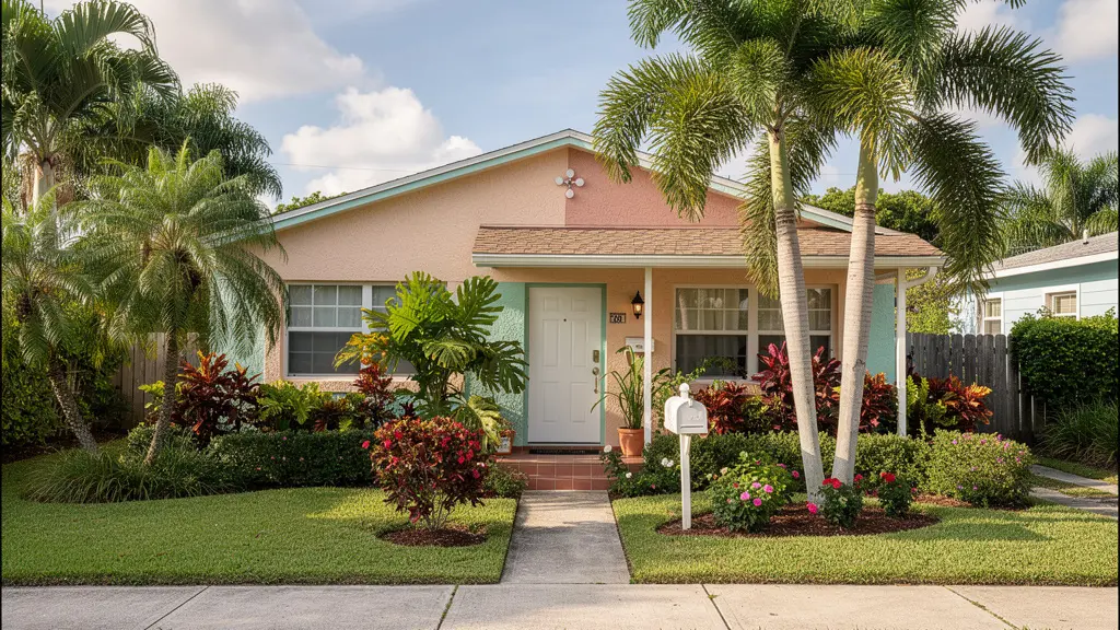 Maison individuelle style Floride avec façade pastel et palmiers dans un quartier résidentiel de North Miami