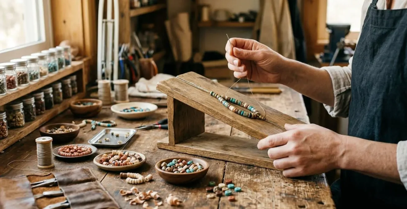 Pied à coulisse métallique posé à côté de perles heishi blanches et beiges sur un établi en bois clair d'atelier
