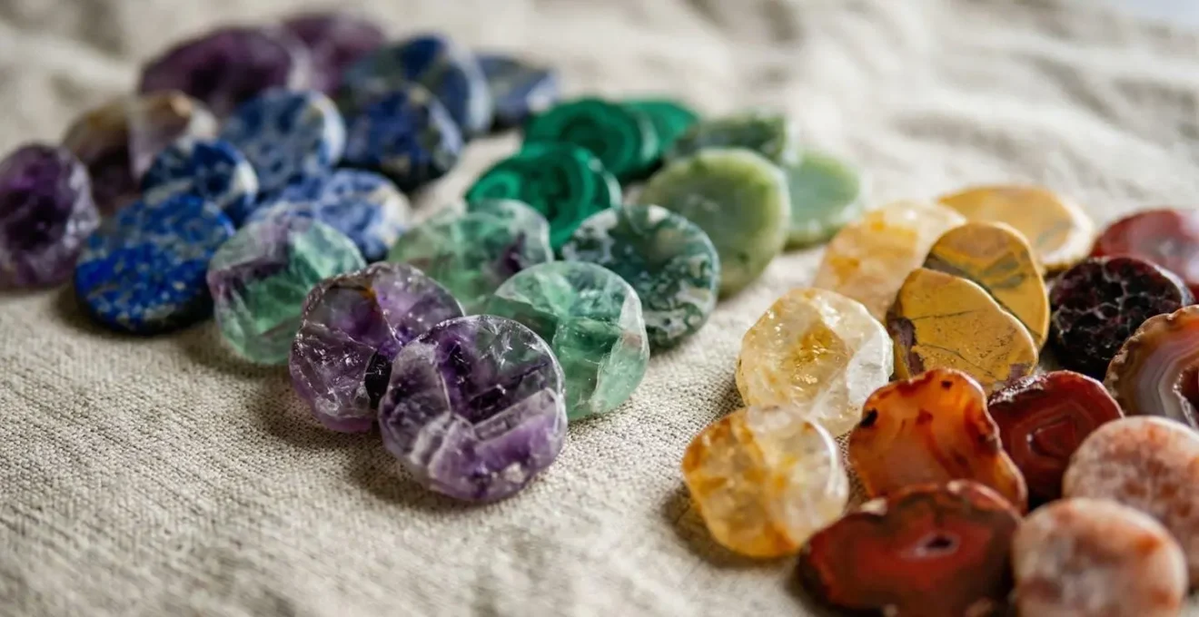 Assortiment de rondelles de pierres naturelles vertes et bleues triées par nuances de couleur sur un fond de lin écru