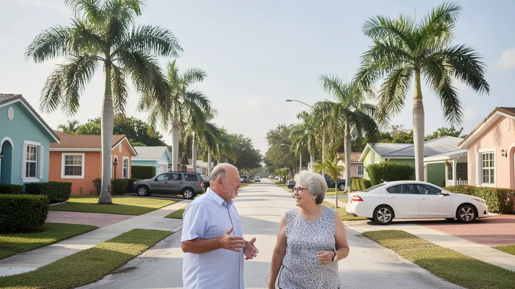 Rue résidentielle typique de North Miami avec maisons modestes et palmiers bordant la chaussée