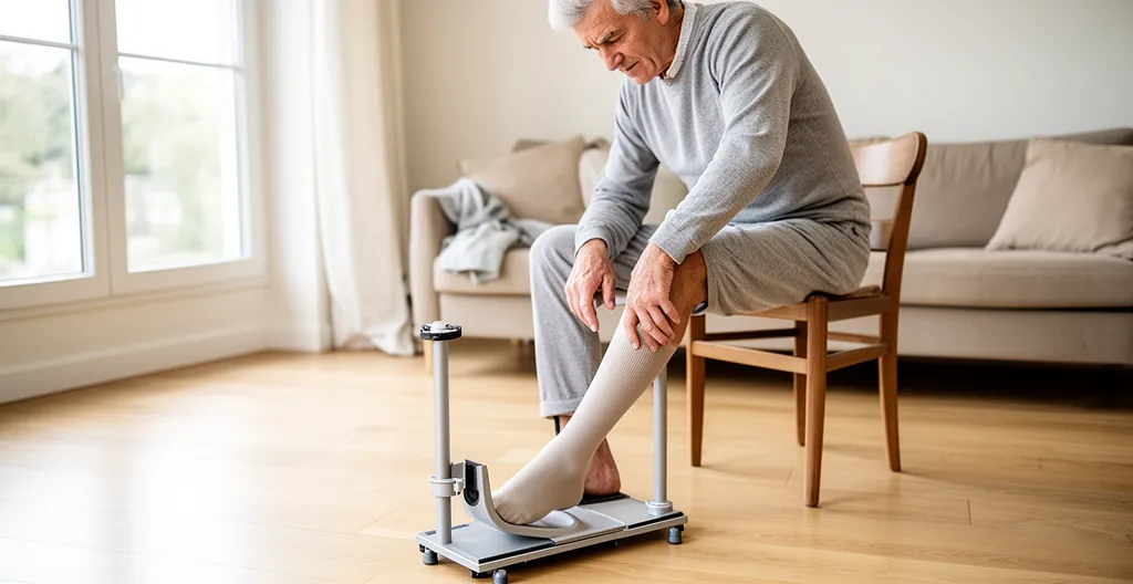 Homme senior utilisant une aide rigide pour enfiler ses bas de contention assis sur une chaise