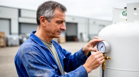 Technicien vérifiant la jauge d'une citerne de gaz propane dans une cour d'entreprise
