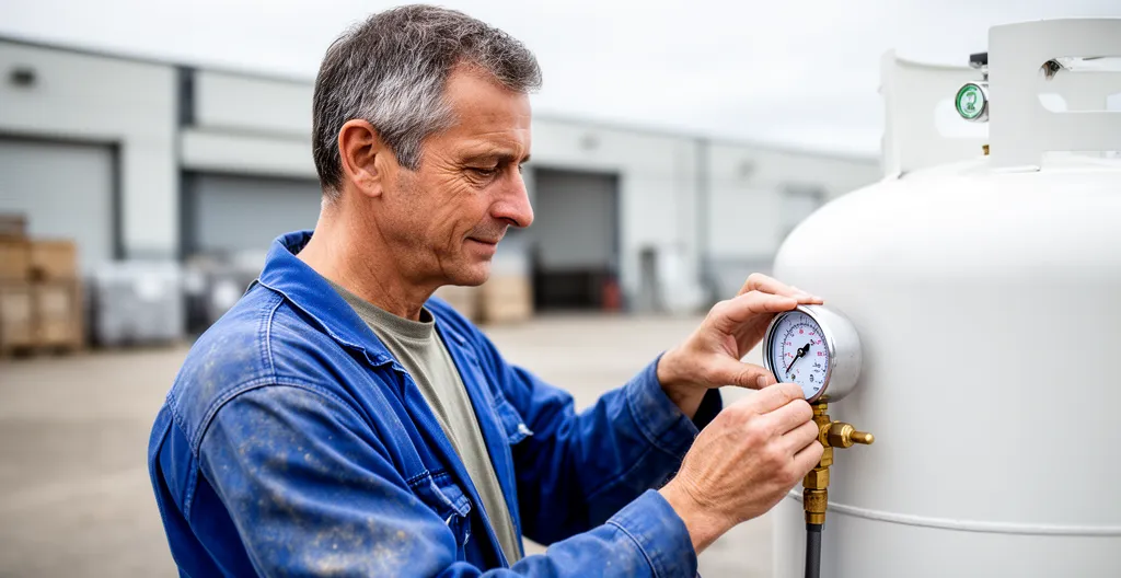 Technicien vérifiant la jauge d'une citerne de gaz propane dans une cour d'entreprise