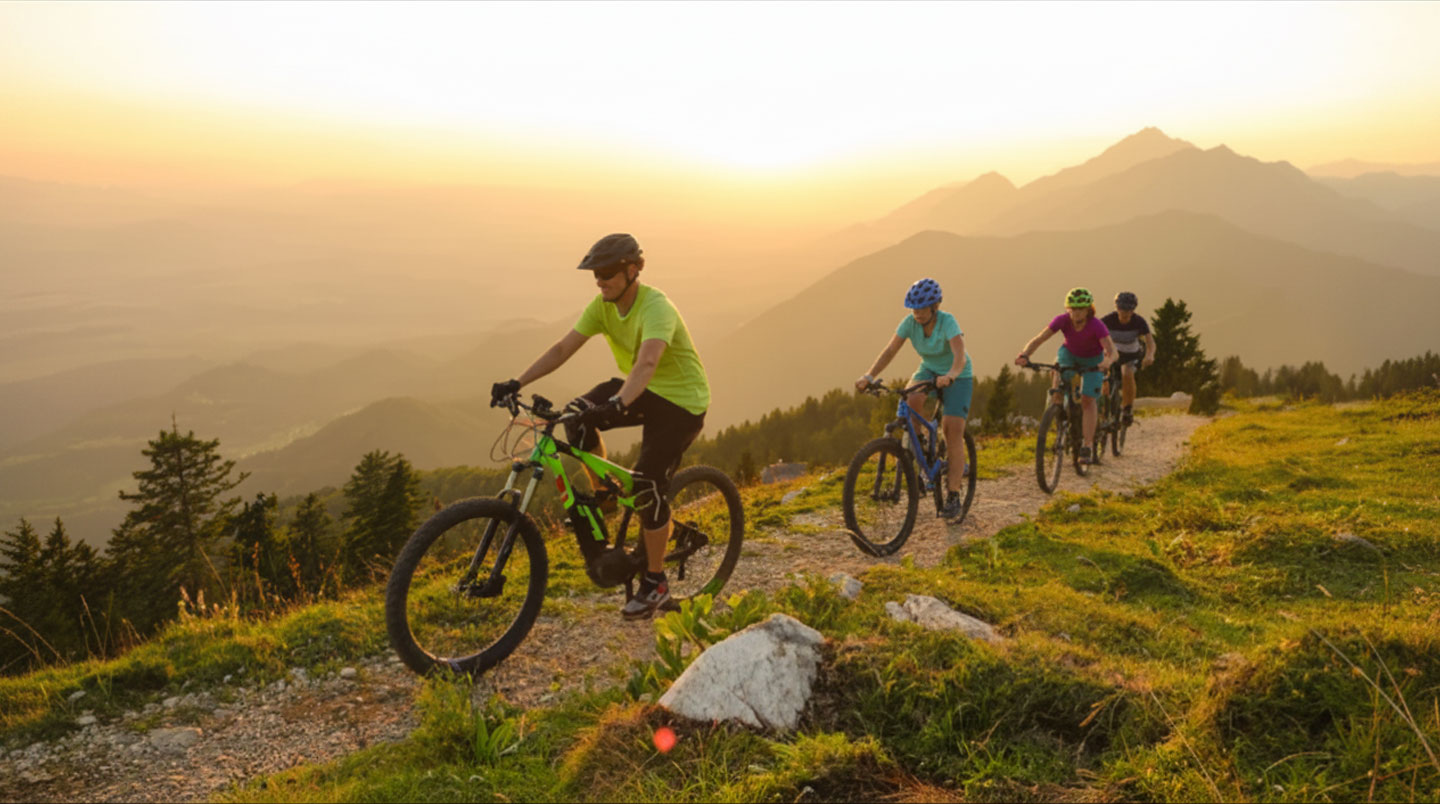 Vue panoramique du lac d'Annecy depuis la piste cyclable avec un cycliste au premier plan par une journée ensoleillée