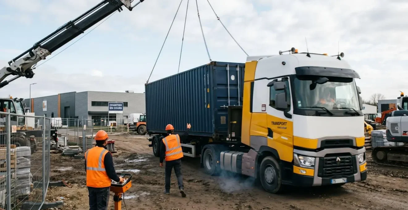 Camion semi-remorque livrant un container maritime sur zone artisanale, équipe logistique en action