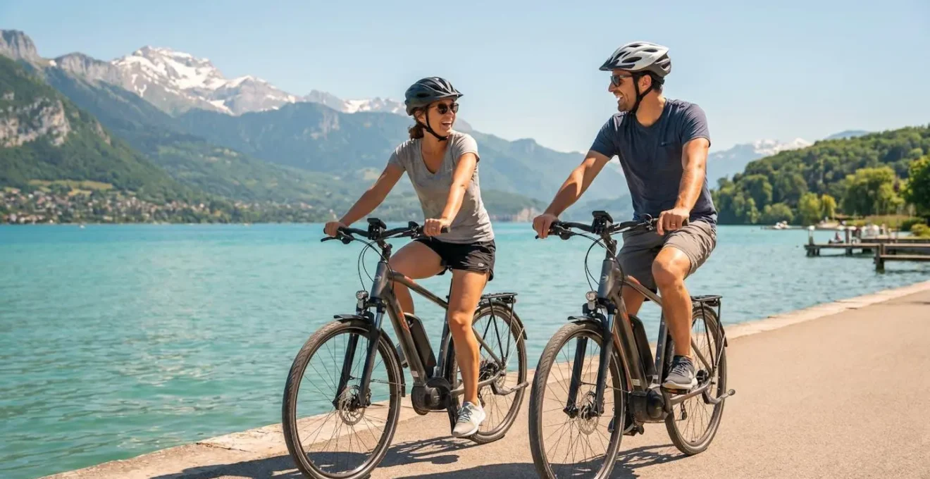Un couple souriant roule sur des vélos électriques le long des rives du lac d'Annecy, avec les montagnes en arrière-plan