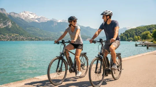 Un couple souriant roule sur des vélos électriques le long des rives du lac d'Annecy, avec les montagnes en arrière-plan