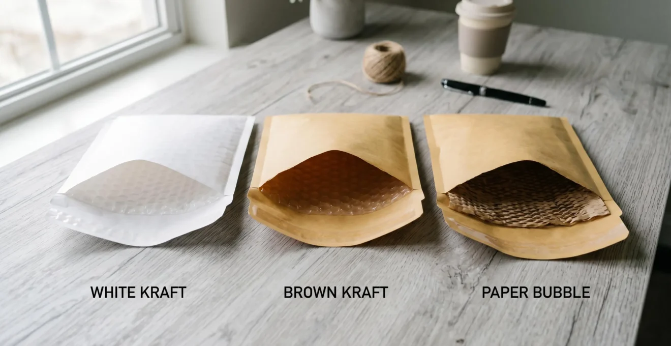 Trois enveloppes matelassées ouvertes sur un plan de travail professionnel, montrant les matières kraft blanc, kraft brun et bulles de papier