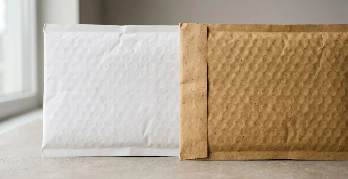 Gros plan sur la texture de deux enveloppes matelassées côte à côte, kraft blanc à gauche et kraft brun à droite, éclairage naturel