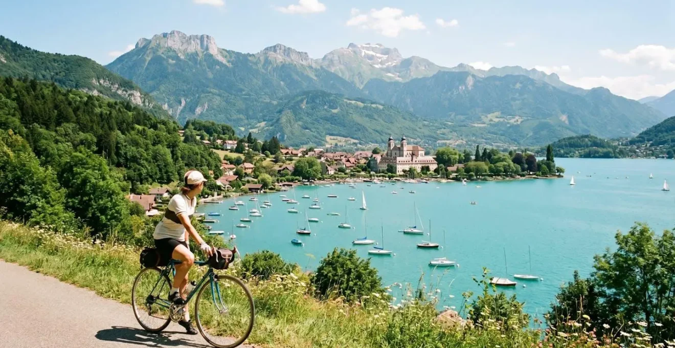Vue panoramique du lac d'Annecy depuis la piste cyclable avec un cycliste au premier plan par une journée ensoleillée
