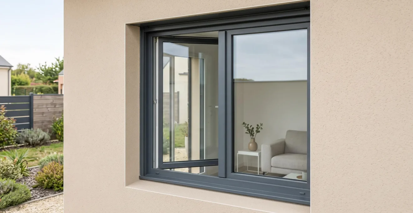Fenêtre contemporaine PVC ou aluminium équipée de vitrage feuilleté anti-effraction, installée dans façade maison individuelle française, détail épaisseur vitrage visible