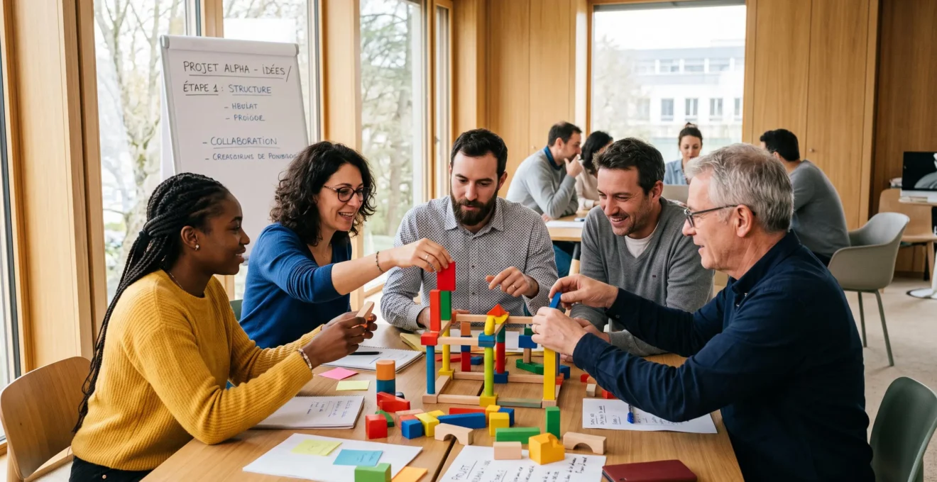 Groupe de collaborateurs diversifiés réalisant ensemble une activité créative collaborative autour d'une table dans un espace de séminaire lumineux et moderne