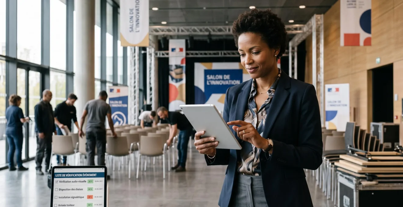 Organisateur d'événement professionnel consultant une checklist numérique sur tablette dans un espace en cours de préparation