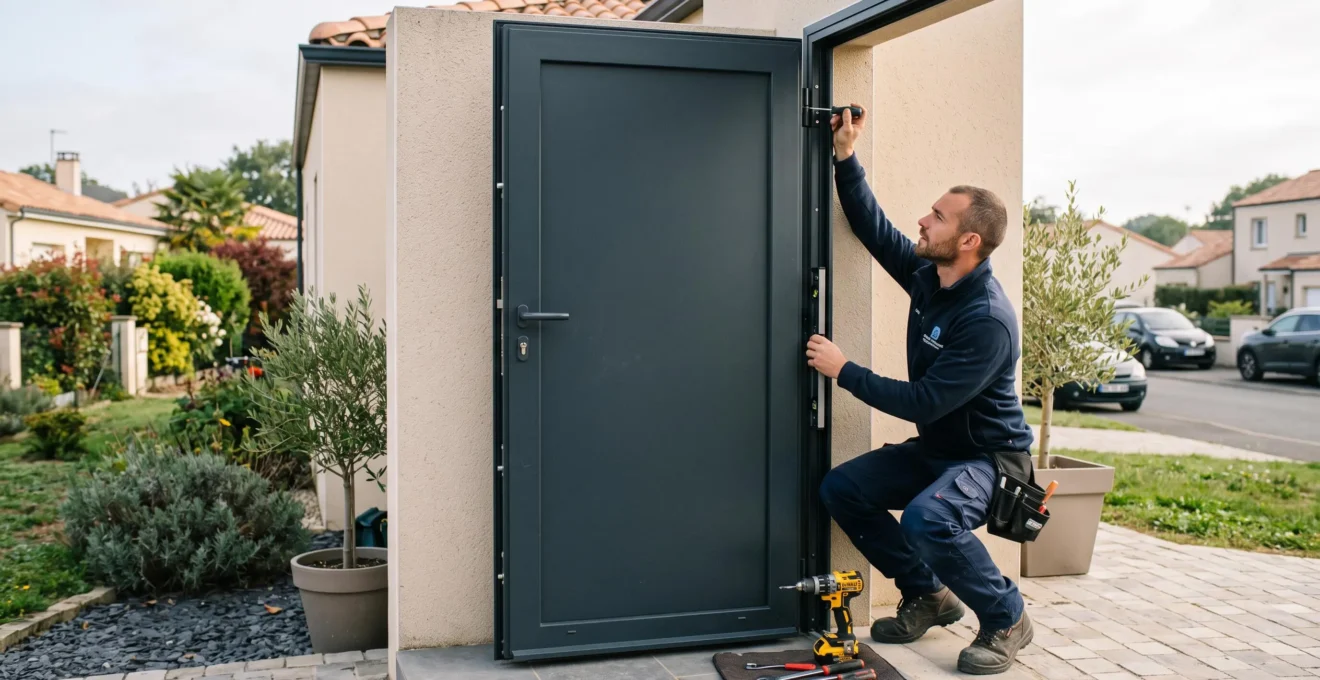 Technicien menuisier installant une porte blindée certifiée avec serrure multipoint dans l'encadrement d'une maison individuelle française, outils professionnels visibles, geste d'ajustement précis