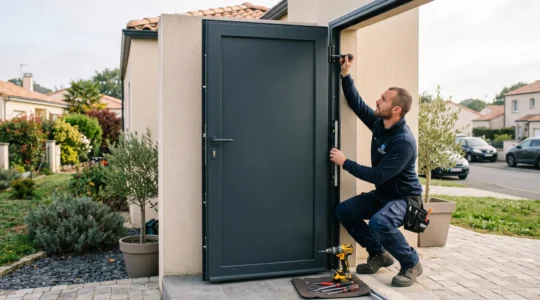 Technicien menuisier installant une porte blindée certifiée avec serrure multipoint dans l'encadrement d'une maison individuelle française, outils professionnels visibles, geste d'ajustement précis