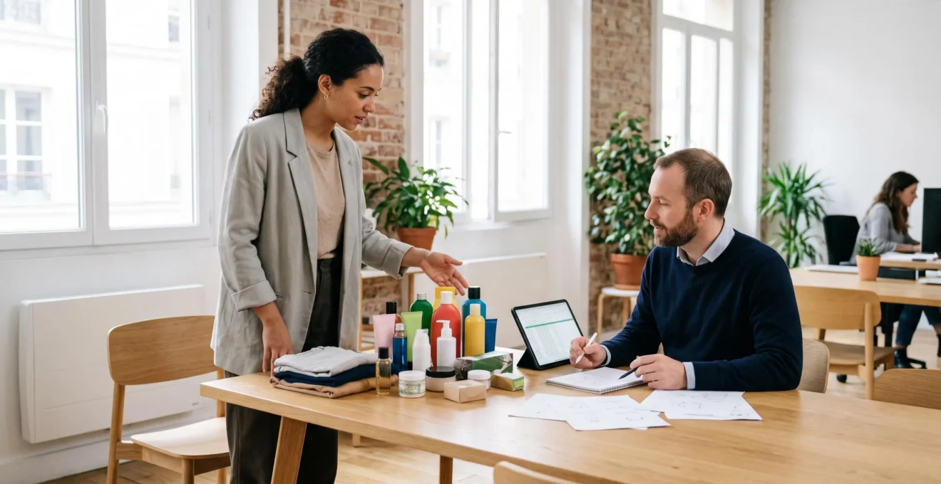 Deux professionnels e-commerce discutant stratégie de catalogue produit autour d'échantillons sur une table de travail lumineuse