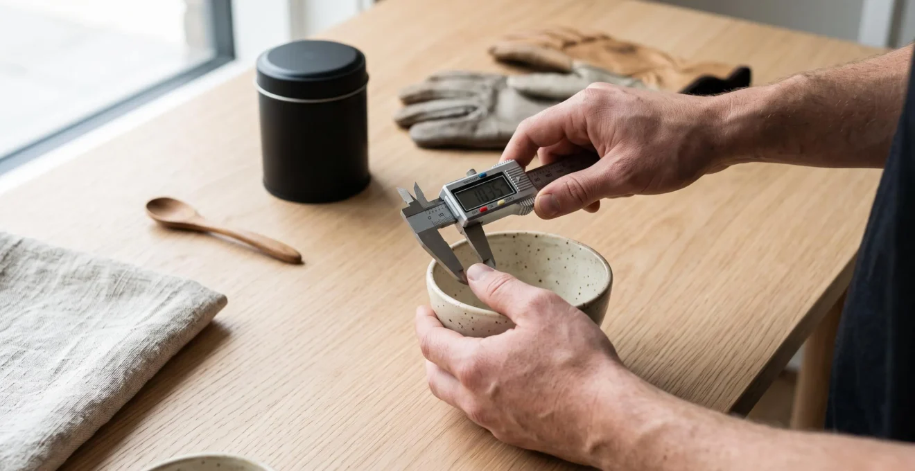 Mains d'un spécialiste mesurant précisément les dimensions d'un produit avec un pied à coulisse digital sur une table de travail
