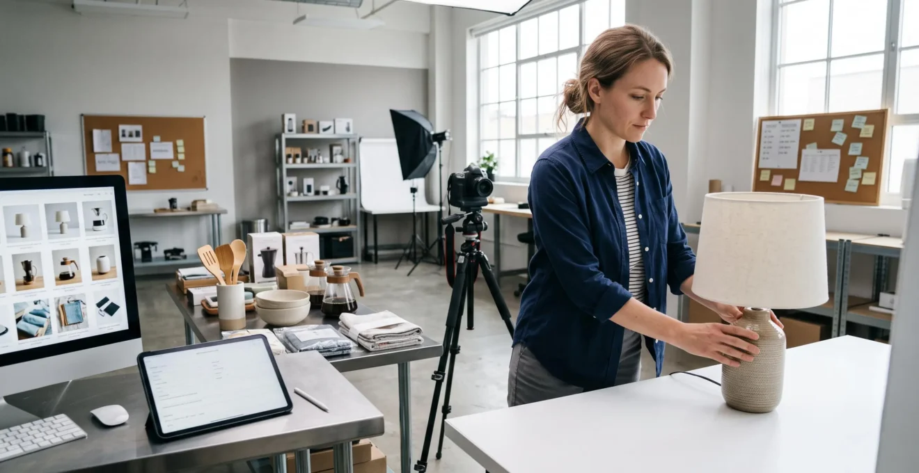 Professionnel e-commerce préparant une lampe design dans un studio photo produit pour catalogage multicanal