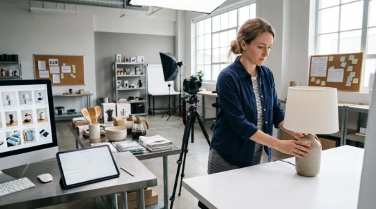 Professionnel e-commerce préparant une lampe design dans un studio photo produit pour catalogage multicanal