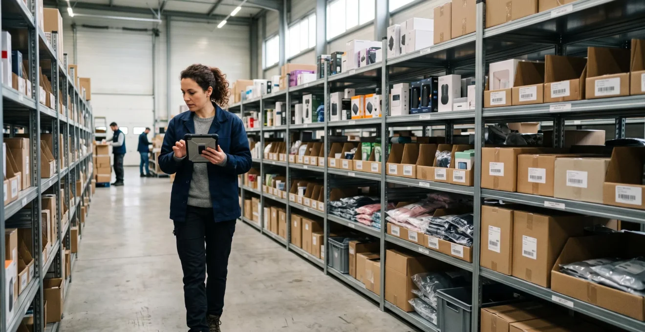 Responsable e-commerce vérifiant des références produit sur tablette dans un entrepôt de préparation logistique