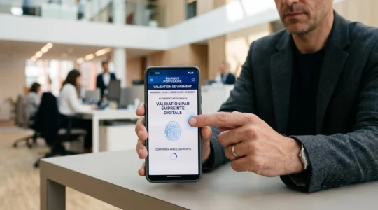 Personne validant un virement bancaire par authentification biométrique sur smartphone